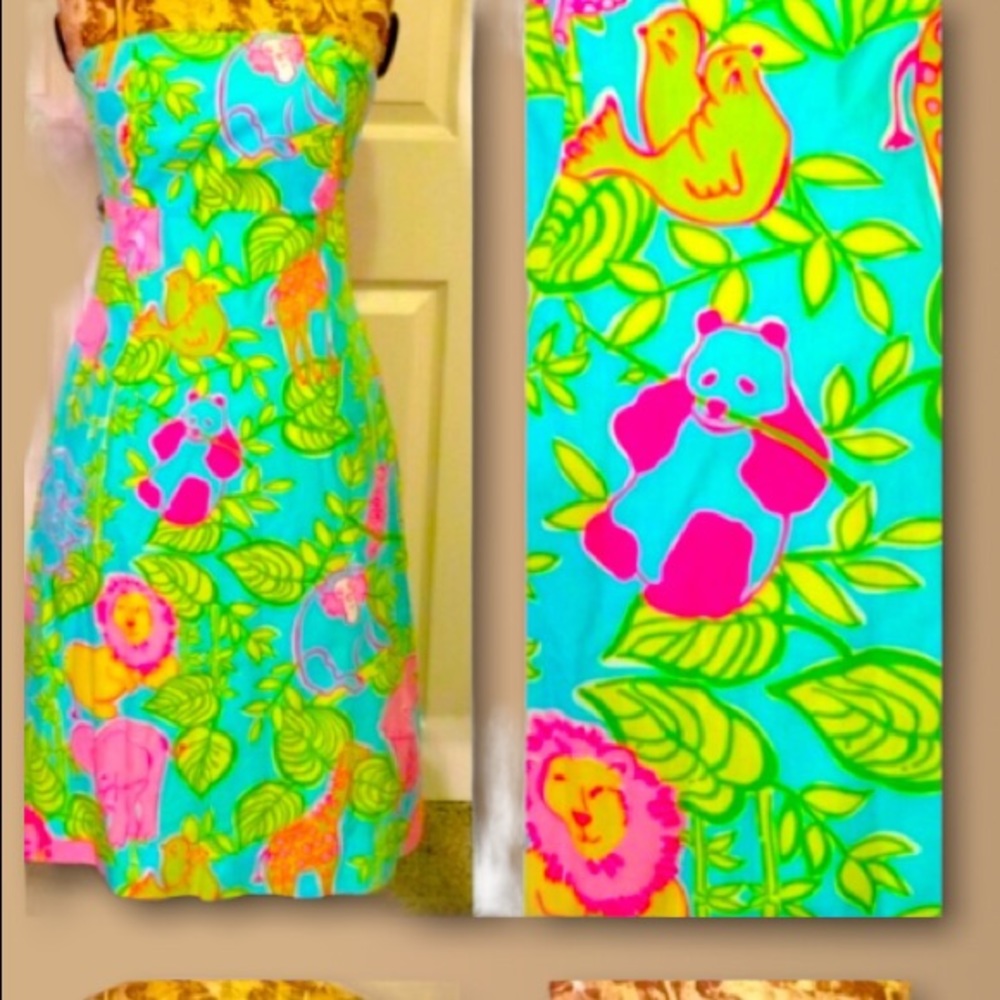 Lilly Pulitzer Strapless Tropical Animal Print Dress in Aqua, Pink & Lime